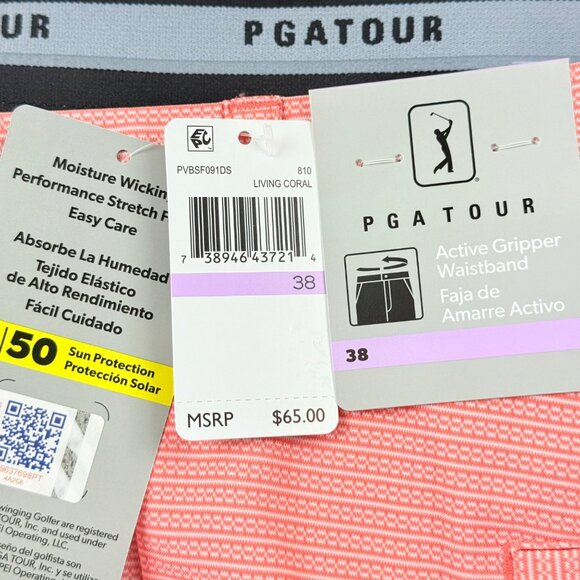 PGA Tour Men's Active Gripper Waistband UPF 50 Stretch Coral Shorts Size 38 NWT - Picture 5 of 11